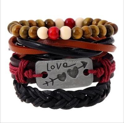 China Fashion Leather+alloy charm+wood beads+jute rope bead bracelet and leather braided charm bracelt bracelet for lovers for sale