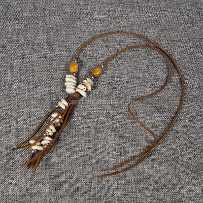 China Boho bead+ shell summer new design shell beaded shell necklace suede leather boho velvet leather wooden tassel long necklace for sale