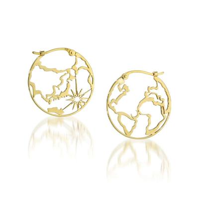 China 18k Modern FASHIONABLE Gold Plated Globe Circle Earrings Women Stainless Steel Map Circle Earrings Custom Made Moon Star Circle Earrings for sale