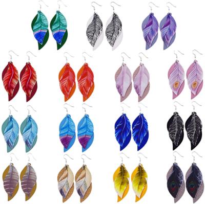 China Eco Friendly Hawaiian Bohemian Style 2 Layers Feather Indian Pattern PU Leather Earrings Earring for sale