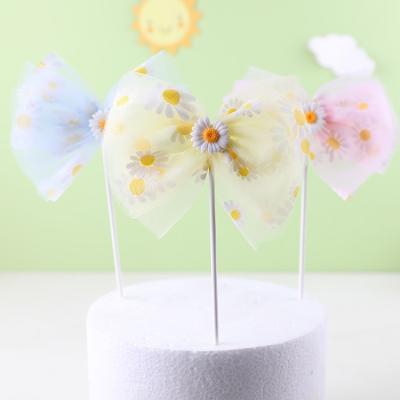 China Daisy Bow Bowknot Cake Topper Daisy Gauze Bow Cupcake Toppers for sale