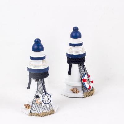 China Beautiful Europe Beach Style White&Blue 10.25Inch Height Hexagon Shape Decor Wooden Lighthouse for sale