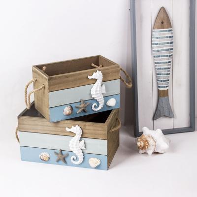 China Europe 2pieces Wooden Boxes with String Marine Theme Handle Storage Metal Fish Boxes for sale