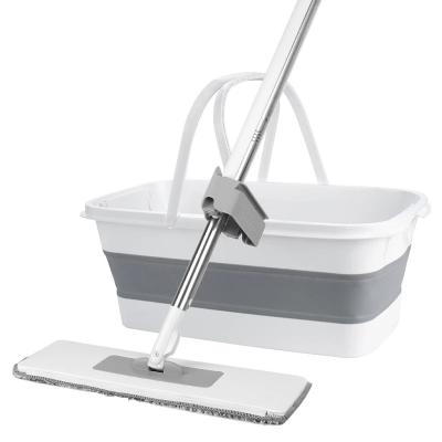 China New Exhibition Viable White Card Washing 360 Automatic Lazy Rotating Flat Broom With Wooden Bucket Rotation Household Cleaning Tool for sale