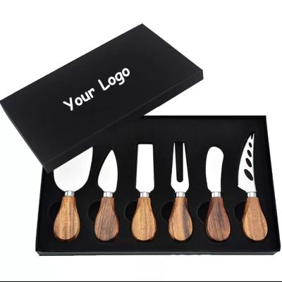 China Viable Cheese Knife Slicer Butter Spreader Forks Stainless Steel Acacia Wood Handle 6pcs With Box For Kitchen Cheese Tool for sale