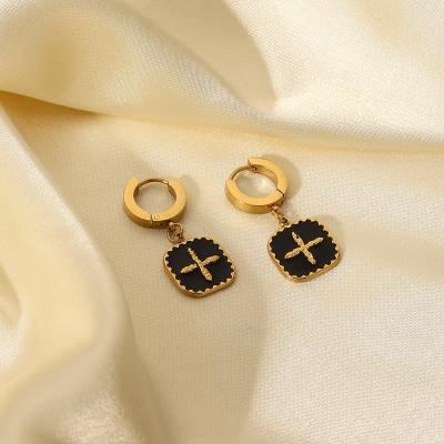 China ISS Style New Arrival 14K Stainless Steel Plated Black Square Pendant Brand Drop Enamel Cross Earring For Women for sale