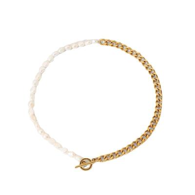 China Nice Romantic Half Pearl Necklaces 18K Freshwater Gold Half Plated Cuban Chain Necklace For Men And Women for sale