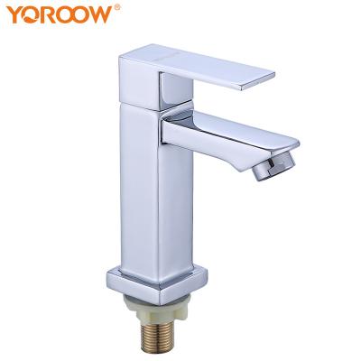 China Faucets Factory Supplier Metered Bathroom Sink Faucet Deck Mounted Zinc Single Body Hand Wash Cold Water Chrome Handle Square Basin Faucet for sale