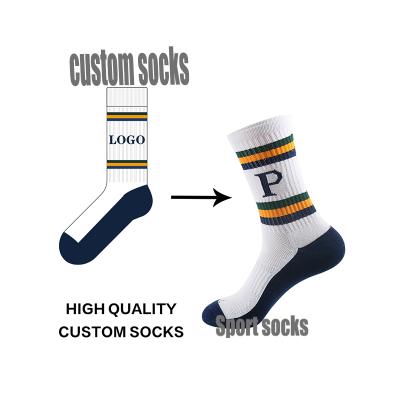 China Antibacterial OEM Personalized Elite Sock Letters Striped White Color Mens Custom Sport Socks for sale