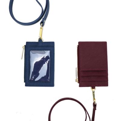 China Custom Genuine Leather Eco-Friendly Lanyard Work Id Card Holder With Long Strap for sale