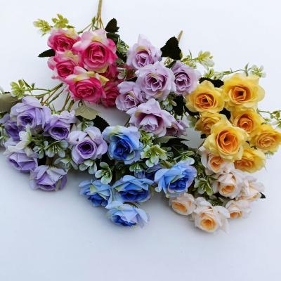 China Decoration Wedding Silk Rose Bouquet Floral Factory Wholesale Artificial 7 Heads Artificial Silk Flower Rose Champagne Bouquets for sale