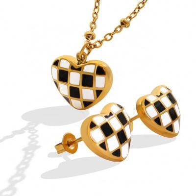 China 2022 TRENDY Fashion Soft Peach Heart Acrylic Checkerboard Necklace and Earrings Set for sale