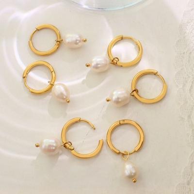 China TRENDY 18k Gold Plated Small Circle Stainless Steel Clip Earrings Natural Freshwater Pearl Drop Earrings for sale