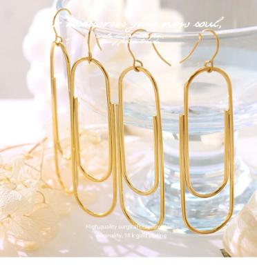 China TRENDY Real 18k Gold Plated Geometric Long Safety Pin Shaped Dangle Earrings Stainless Steel Paperclip Pin Drop Hook Earrings for sale