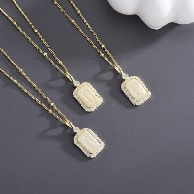 China Nickel Free Lead Free Luxury Gold Plated Necklace Fashion Zirconia S925 Silver Initial Necklace 18K S925 Sterling Silver Square Initial Pendant for sale