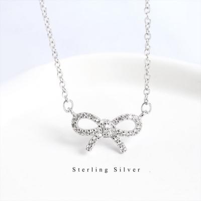 China Shiny Gift Korean Lead Free Nickel Free Fashion Women S925 Sterling Silver Bowknot Necklace S925 Full Crystal Diamond Bowknot Pendant Necklace For for sale