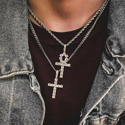 China Lead Free Nickel Free Hip Hops European Cubic Zirconia Ankh Cross CZ Pendant Necklace Gold Plated Stainless Steel Egyptian Cross Necklace For Hitter for sale