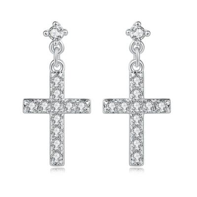 China Lead Free Nickel Free Hypoallergenic X Hanging Cross Curved Drop Earrings 18k Gold Plated CZ Diamond Jesus Cross Earrings Stud Jewelry for sale