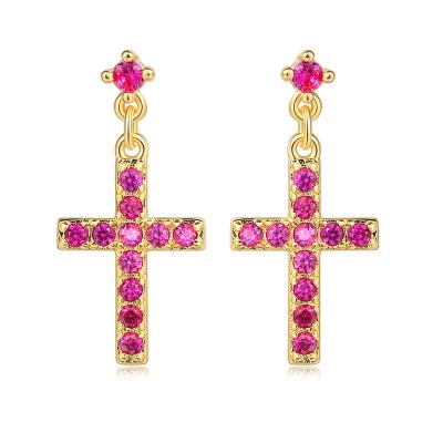 China Lead Free Nickel Free 18k Gold Plated Stainless Steel Cross Curved Stud Earrings Pink CZ Diamond Cross Earrings For Women for sale