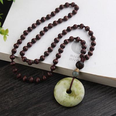 China Natural Stone Ping An Pendant Necklace Vintage Style Ethnic Wooden Bead Chain For Men And Women for sale