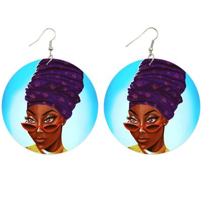 China New Vintage Vinatge Ethnic Afrocentric Painting Jewelry Headwrap African Wooden Drop Earrings For Blacks Woman Gifts for sale