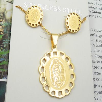 China Worry Print 316L Stainless Steel Religious Necklace Jesus Free Pendant Earrings Necklace Set Jewelry For Wedding Party for sale