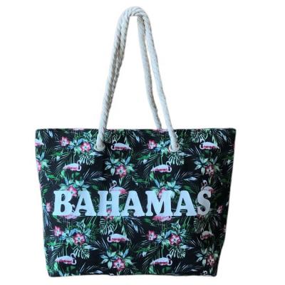 China Wholesale Beach Bag Bahamas Spot Printed Canvas Beach Bag, Customized Micro Label Flamingo Pattern Cotton Rope Shoulder Bag for sale