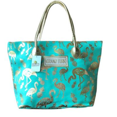 China Wholesale Beach Bag Stain Embroidered Microlabel Beach Bag With Flamingo Pattern PU Large Volume Elegant Golden Handba for sale