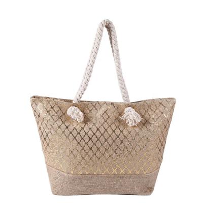 China Gold Fashionable Custom Logo Real Beach Bag Plaid Beach Canvas Handbag for sale