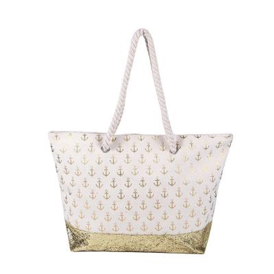 China Beach Bag Cotton Beach Bag With Small Sea Spear Gold Printed Stylish PU Handbag for sale