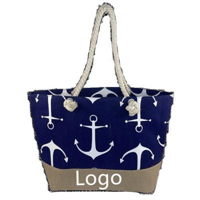 China Wholesale High Quality Summer Beach Bag Anchor Pattern Lady Shoulder Bag Cotton Canvas Shopping Bag Logo Large Capacity Shopping Bags Beach Bag Custom Made for sale