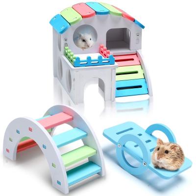 China Liveable Guinea Pig Hideout Toys Hamster Fun 3 Pieces Include Wooden Hamster House, Rainbow Bridge, Seesaw Toy DIY Play Toys for sale