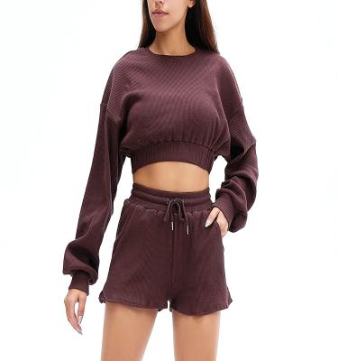 China Breathable High Quality Women's Ribbed Sweatshirt Long Sleeve Cropped Head Short Two Piece Set Hoodies for sale