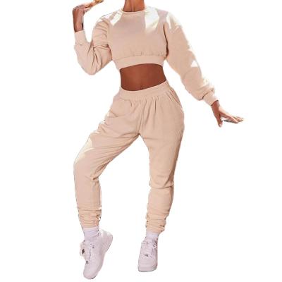 China Top two piece hoodie and pant viable hot sale crop set long sleeve solid color sweatsuit women rib shaping tracksuit for sale