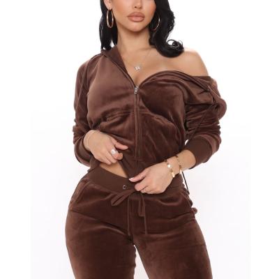 China Viable Customize Fashion Zipper Up Two Piece Set Women Hoodie Loungwear And Jogger Drawstring Sweatsuit Casual Custom Logo Velvet for sale