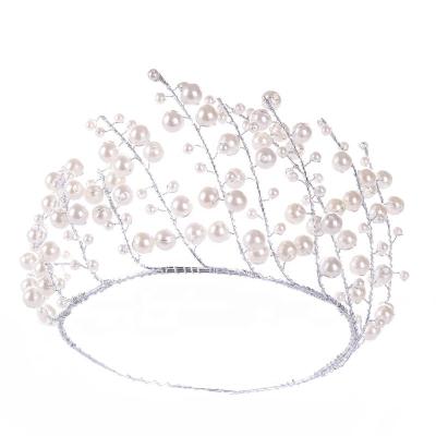 China Silver Round Pearl Crown Headband Wedding Headdress Korean Handmade Beaded Crown Bridal Crown 2018 New Women's Crown for sale