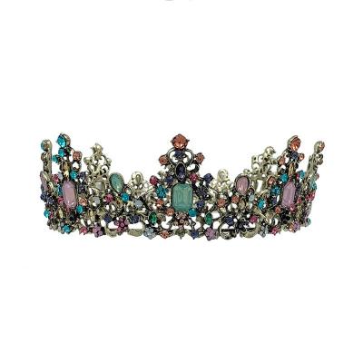 China New and American Women's European Baroque Alloy Crown Large Round Crown Colorful Diamond Birthday Crown Bride Wedding Tiara Group for sale