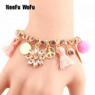 China New Fashion Bohemian Women's Classic Rhinestone Sun Flower Bracelet Hairball Tassel Brand Bracelet Jewelry Factory NeeFu WoFu for sale