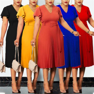 China 2022 New Spring Solid V Neck Breathable Formal Pleated Women Dress Elegant African Mother Women Dresses Plus Size Sexy Women Dresses for sale