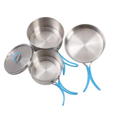 China Outdoor Set Camping Pan Stainless Steel Camping Cookware Gas Cooker Frying Pan Set With Folding Handle for sale