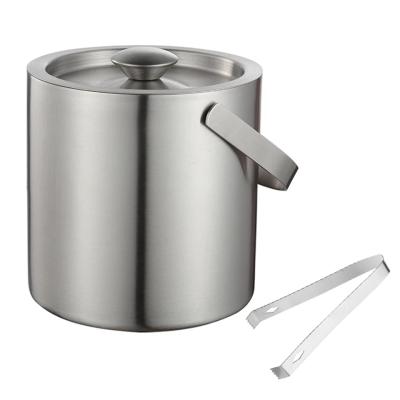 China Durable Double Wall Insulated Tong Stainless Steel Wine Champagne Ice Cooler Metal Ice Barrel Beer Ice Buckets With Lid For Bar for sale