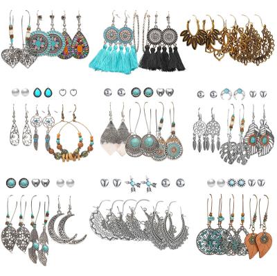 China Bohemia Vintage 48 Pair Drop Dangle Earrings Set For Women Bronze Cavity Waterdrop Turquoise Jewelry Earrings For Women Bohemian Ears for sale