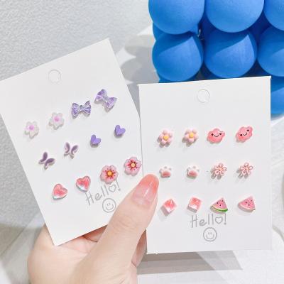 China Cute 12Pcs S925 Fashionable Silver Color Needle Flower Heart Ceramic Stud Earrings For Women Girls Fashion Delicate Earring Set for sale