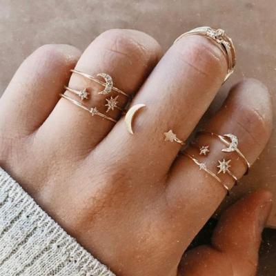 China Trendy Fashion 7 Pcs Ladies Gold Rings Set For Women Moon And Star Jewelry Ring With Crystal for sale