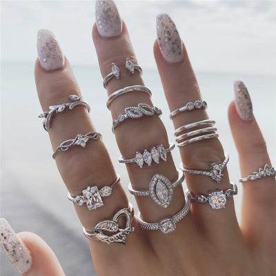 China 15PCS/Set Elegant Classic Women Crystal Heart Ring Set For Rh Plated Female Finger Rings Fashion Statement Jewelry for sale