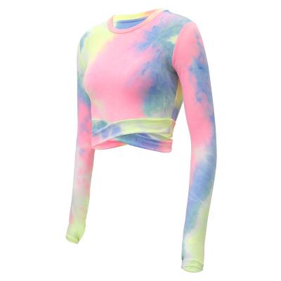 China Antibacterial Cross Border Running Fitness T-Shirt Europe And USA Large Size Round Neck Sports Long Sleeve Top Tie Dye for sale