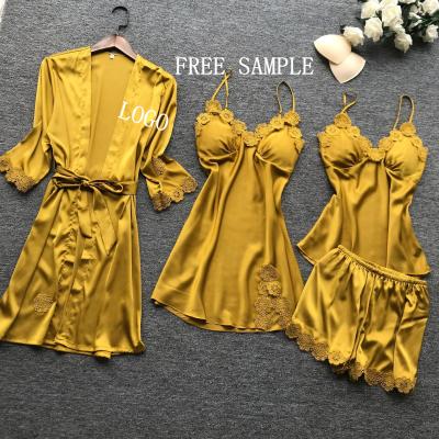 China Hot Sale QUICK DRY satin ins silk 4 pcs lace up match pajamas women's pajamas set for sale