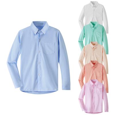 China Classic Kids Oxford Uniform Dress Shirt Anti-Shrink Long Sleeve Solid Button Down Shirts For Boys for sale