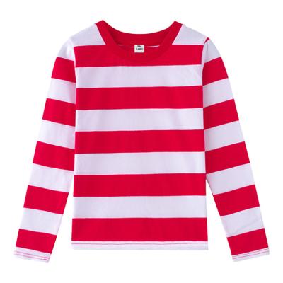 China Wholesale Anti-Shrink Big Kids Little Boys Red And T-shirts 100% Striped Crew Neck Cotton T-shirts Long Sleeve Boys White Kids T Shirts for sale