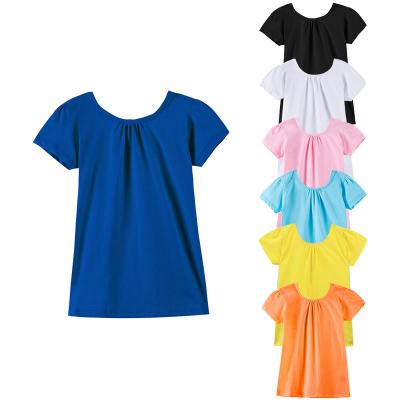 China Custom 100% Simple Summer Girls T-Shirts Wholesale Anti-Shrink T-Shirts Cross Back Cotton Girls Puff Sleeve Tees for sale